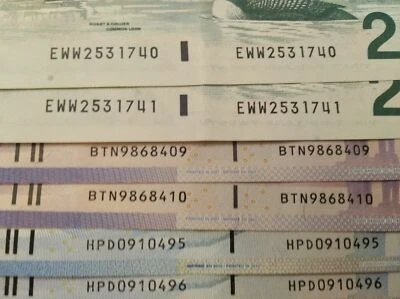 Billetes de 5 dólares Canadá raros números de serie consecutivos XF-UNC papel moneda $ Foto 1 de 3