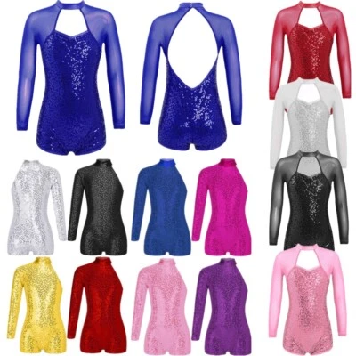 UK Girls Sequins Ballet Leotard Jumpsuit Modern Jazz Dance Unitards Latin Dance - Image 1 of 3