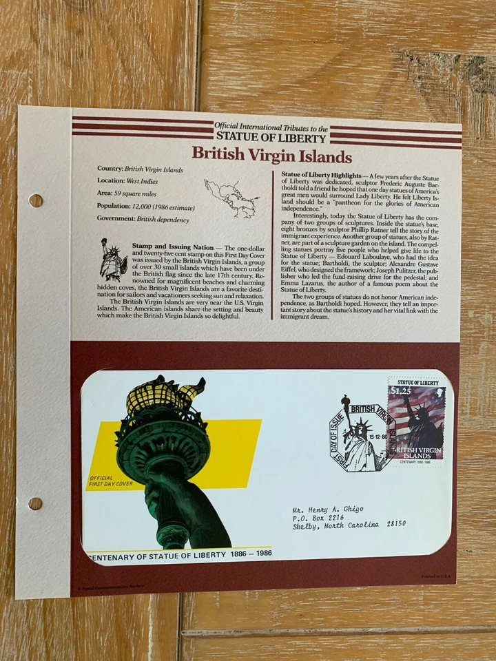 BRITISH VIRGIN ISLANDS BVI 1986 FDC STATUE OF LIBERTY TRIBUTE - Image 1 of 1