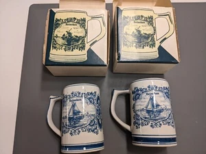 Blue Delft Heineken Holland Dutch Windmill Beer Stein Mug-2 Vintage Hand Painted - Picture 1 of 4