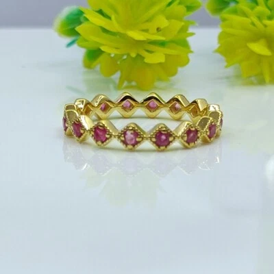 Ruby Wedding Ring Full Eternity band Sterling Silver Gold Plated Stackable Band - Image 1 of 4