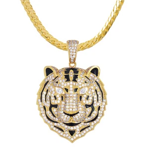 Mens Iced Out CZ Gold Plated Tiger Pendant 20 inch Miami Cuban Chain BCH 16980 G - Picture 1 of 3