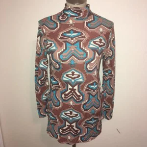 Vintage 70s Brown- Aqua-Tan-White Graphic Print Top Shirt - Picture 1 of 9