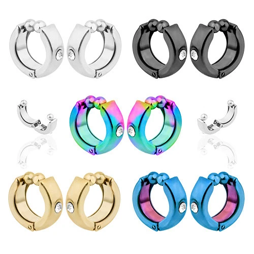 1 Paar Herren Edelstahl Klappcreolen Damen Ohrringe ohne Ohrloch mit Kristall - Bild 1 von 1