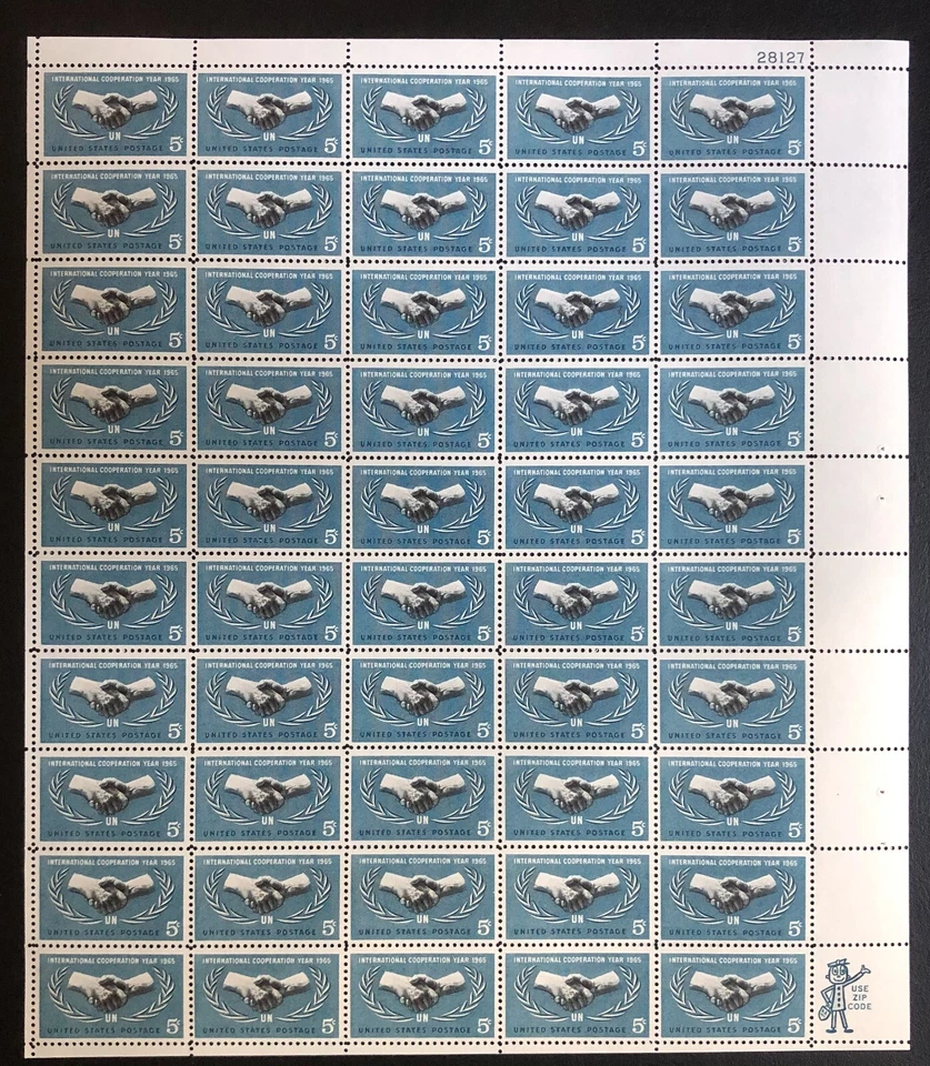 US Stamp 1965 Mint Sheet Scott #1266 Int'l Cooperation Year 5c x 50 Stamps OG XF - Image 1 of 1