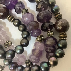 Vtg Genuine Peacock Pearl Purple Amethyst Etruscan Beaded 2 Layer Necklace 22.5” - Bild 1 von 22