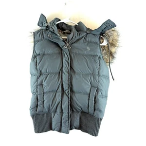 Abercrombie Fitch Womens Down Vest Size Medium Green Fur Lined Hood Y2K Moose - Picture 1 of 10