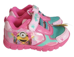 BNWT Little Girls Sz 12 Minions Pink Aqua Tab Fasten Athletic Joggers Shoes - Foto 1 di 3