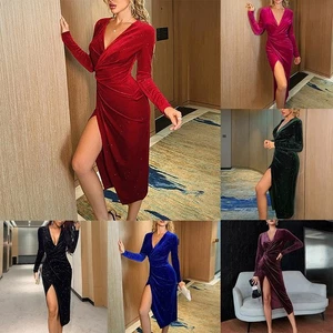 Regular Women Dress Sexy Slight Strech Solid Color V Neck Velvet Sequins - Picture 1 of 22