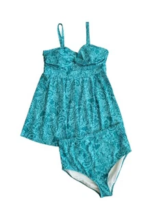 New BLOOMCHIC US 18-20 Turquoise 2 Piece Paisley Twist Front Swim Dress Women - Picture 1 of 16