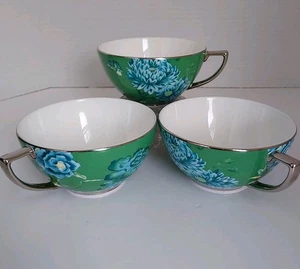 Jasper Conran at Wedgewood Green Chinoiserie Flat Tea Cups Lot of 3 Bone China - Picture 1 of 9
