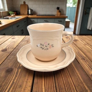 Taza y platillo de gres Pfaltzgraff Heirloom beige gris rosa blanco flores EE. UU. - Imagen 1 de 9