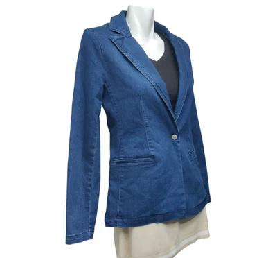 Chaqueta Blazer Gloria Vanderbilt Denim Oficina Preppy Mujer M Azul Sencillo Pecho Foto 1 de 4