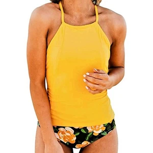 2 Piece Women's Swimsuit Halter Neck Tankini Crop High Waist Yellow Black Small - Picture 1 of 8