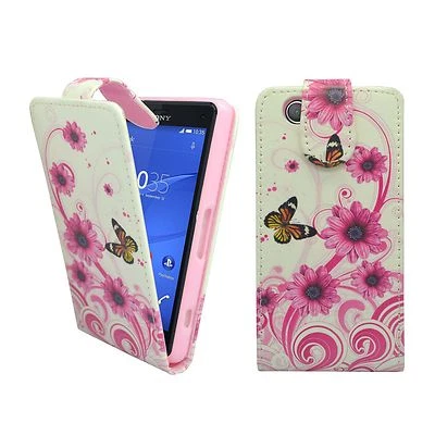 CASE FOR SONY XPERIA Z3 MINI FLIP PU LEATHER WHITE PINK SWIRL FLOWER BUTTERFLY - Image 1 of 4