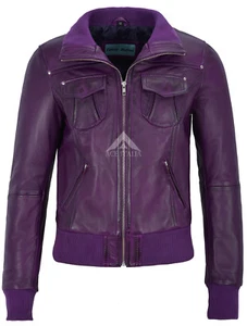 'FUSION' Ladies Leather Jacket Purple WASHED Short Bomber Biker Style 3758 - Picture 1 of 10