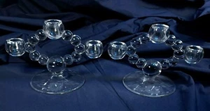 Pair of Imperial Etched Glass Candlewick Crystal Triple Candlesticks 5.5x8" - Picture 1 of 7