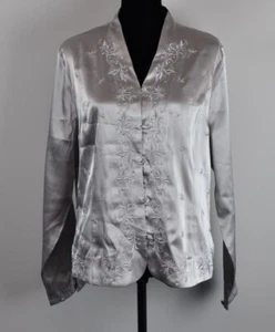 Laura Scott Women’s 18 Gray Silver Shimmer Floral Embroidery Long Sleeve Shirt - Picture 1 of 8