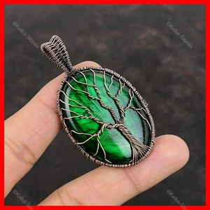 Copper Oval Natural Green Fire Labradorite Tree Of Life And Wire Wrapped Pendant - Picture 1 of 6