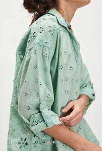Free People Mae Washed Eyelet Shirt We The Free Button Faded Green Wash L NWT - Picture 1 of 6