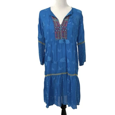 Vestido túnica Johnny Was para mujer maullido bordado talla pequeña azul manga 3/4 boho Foto 1 de 4