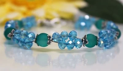 Glass Jewels Silber XL Armband Perlen Blau Petrol Zweireihig Länge 22 cm #GA037 - Bild 1 von 3