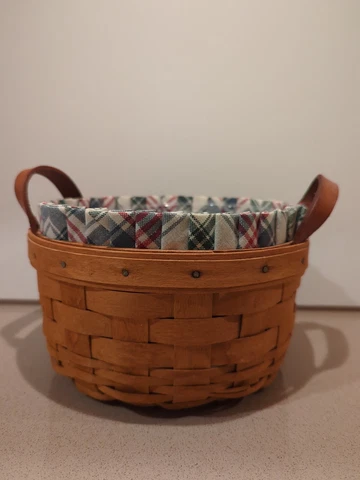 VTG Longaberger 1999 Button Basket Leather Straps W/ Protector & Plaid Liner Set Cover