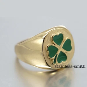 Mens Womens Irish Four 4 Leaf Clover Ring Gold Stainless Steel Size 6 7 9 10-12 - Picture 1 of 6