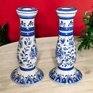 Blue And White Taper Candlestick Holder 9.25" Porcelain Country Cottage Floral - Picture 1 of 9