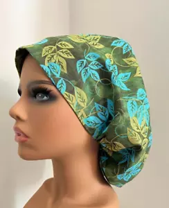 New Scrub Hat Euro Bonnet Bouffant Cap Green Teal Leaf - Nurse Hair Wrap Toggle - Picture 1 of 4