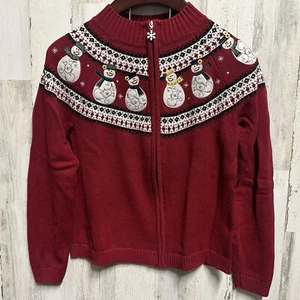 Christopher Banks Full Zip Cotton Knit Sweater Jacket Sz M Cranberry Snowmen - Picture 1 of 11