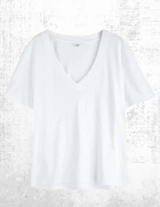 Ex HUSH Women's Short Sleeve Plain Deep V-Neck Linen Blend T-Shirt in White - Picture 1 of 5