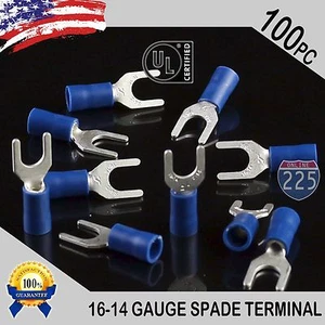 100 Pack 16-14 Gauge Vinyl Spade Fork Crimp Terminals #10 Stud Tin Copper Core - Picture 1 of 1