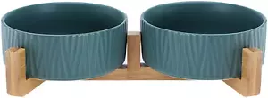 Green Ceramic Cat Dog Bowl Dish with Wood Stand No Spill Pet Food Water Feeder C - Picture 1 of 12