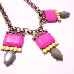 Lucky Brand Brass Tone Pink Gray and Yellow Drop Statement Necklace - Picture 1 of 7