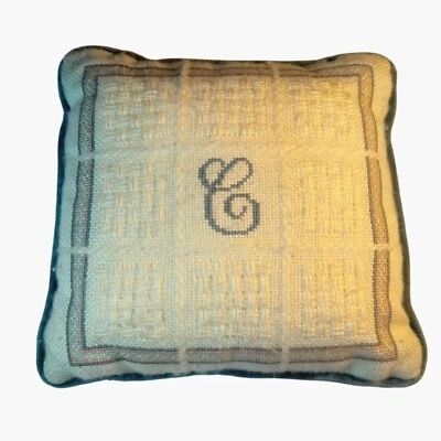 Handmade Needlepoint Pillow Monogram Letter C Blue Velvet Backing 10x10 Vintage - Image 1 of 4