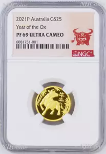 2021 P Australia PROOF GOLD $25 Lunar Year of the Ox NGC PF69 1/4 oz Coin - Picture 1 of 4