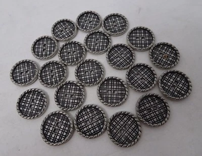 2 Vintage Black Silver Round 2-Hole Buttons Plaid with Rope Edge 15mm A709 - Image 1 of 4