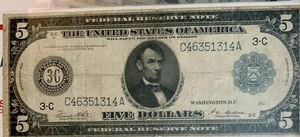1914 $5 Federal Reserve note , Philadelphia district, XF. - Picture 1 of 2