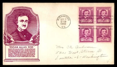 Mayfairstamps US FDC 1949 Edgar Allan Poe Block First Day Cover aau_88013 - Image 1 of 2