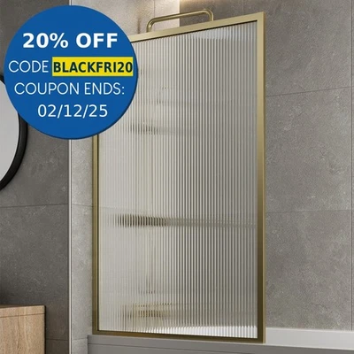Brushed Brass Over Bath Shower Screen Fluted Glass Square Frame Reversible 800mm - Image 1 of 4