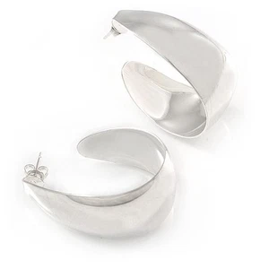 Medium Polished Silver Plated Half Hoop/ Creole Earrings - 37mm L - Picture 1 of 6