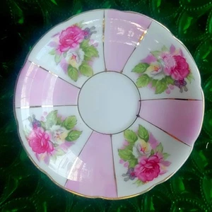 Vintage Relco Creations Saucer Pink Striped Roses Gold Trim - Picture 1 of 6