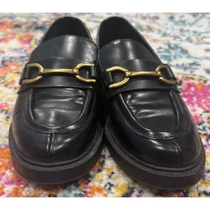 ZARA Black Leather Block Heel Loafer Metal Buckle Detail Size 38 / 7.5 - Picture 1 of 8