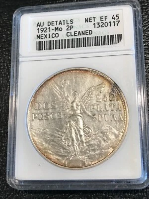 MONEDA CENTENARIO INDEPENDENCIA 2 PESOS PLATA ALADA MÉXICO DETALLES AU ANACS 1921 Foto 1 de 3