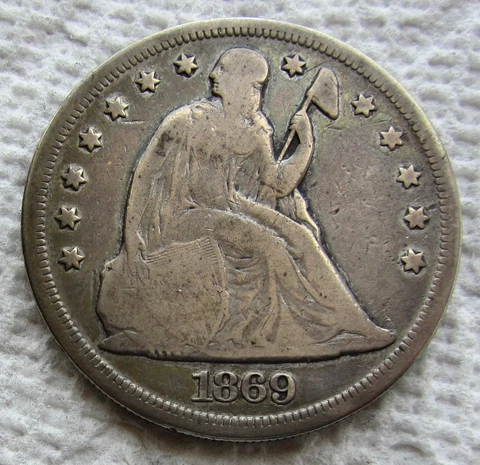 1869 Seated Liberty Silver Dollar Rare Date Type Coin VG / Fine Cover