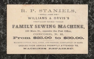 Raro biglietto da visita macchina da cucire Williams & Orvis R P Staniels Concord NH - Foto 1 di 2