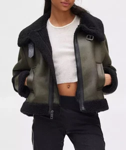 Designer $695 FRYE Women diese Fauxt Leather Shearling Shepa Moto Biker Jacket L - Picture 1 of 5