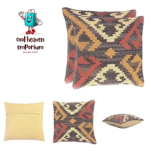 2 Set of Indian Kilim Cushion Cover 18X18 Pillows Boho Ethnic Shams Jute Pill... - Picture 1 of 5