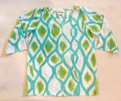 Hatley туника кафтан Ikat узор Aqua лайм зеленый хлопок sz 4T - Изображение 1 из 4